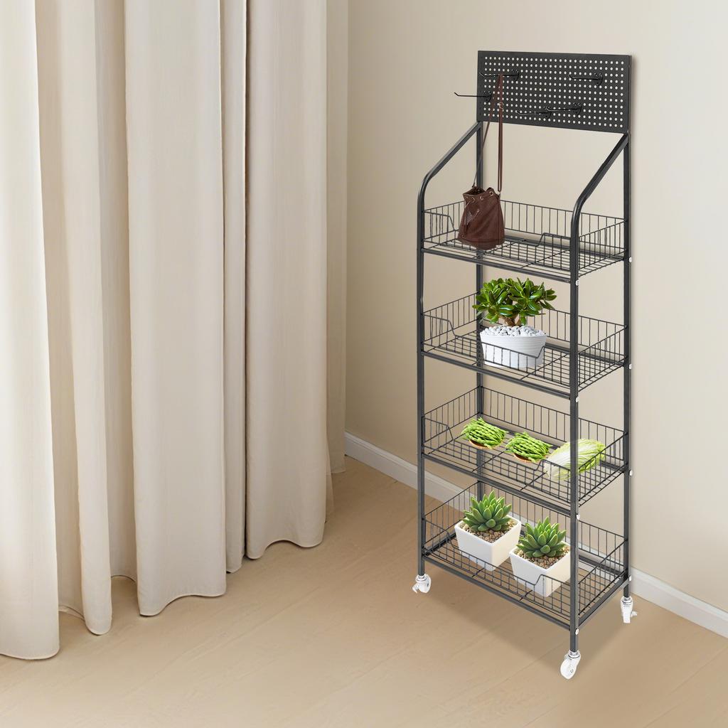 4-Tier Metal Storage Shelf Rolling Cart, Heavy Duty Kitchen Organizer Rack with Wheels for Pantry, Store Display, Black