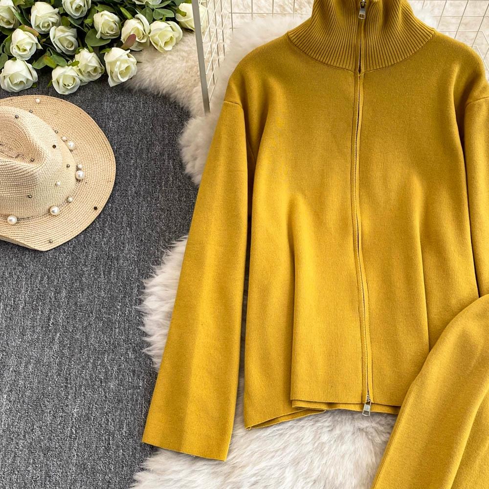 Осенне-зимний трикотажный свитер, брюки, комплект из двух предметов, женская водолазка на молнии, куртка и брюки длиной до щиколотки