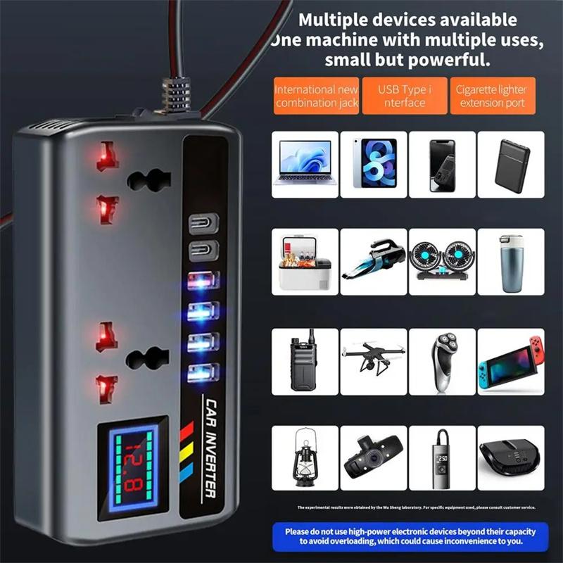 DC 12V/24V в AC 220V 200W Автомобильный инвертор PD+QC3.0 Двойной Type C+4 USB порта Зарядное устройство для телефона Адаптер питания прикуривателя 9 в 1