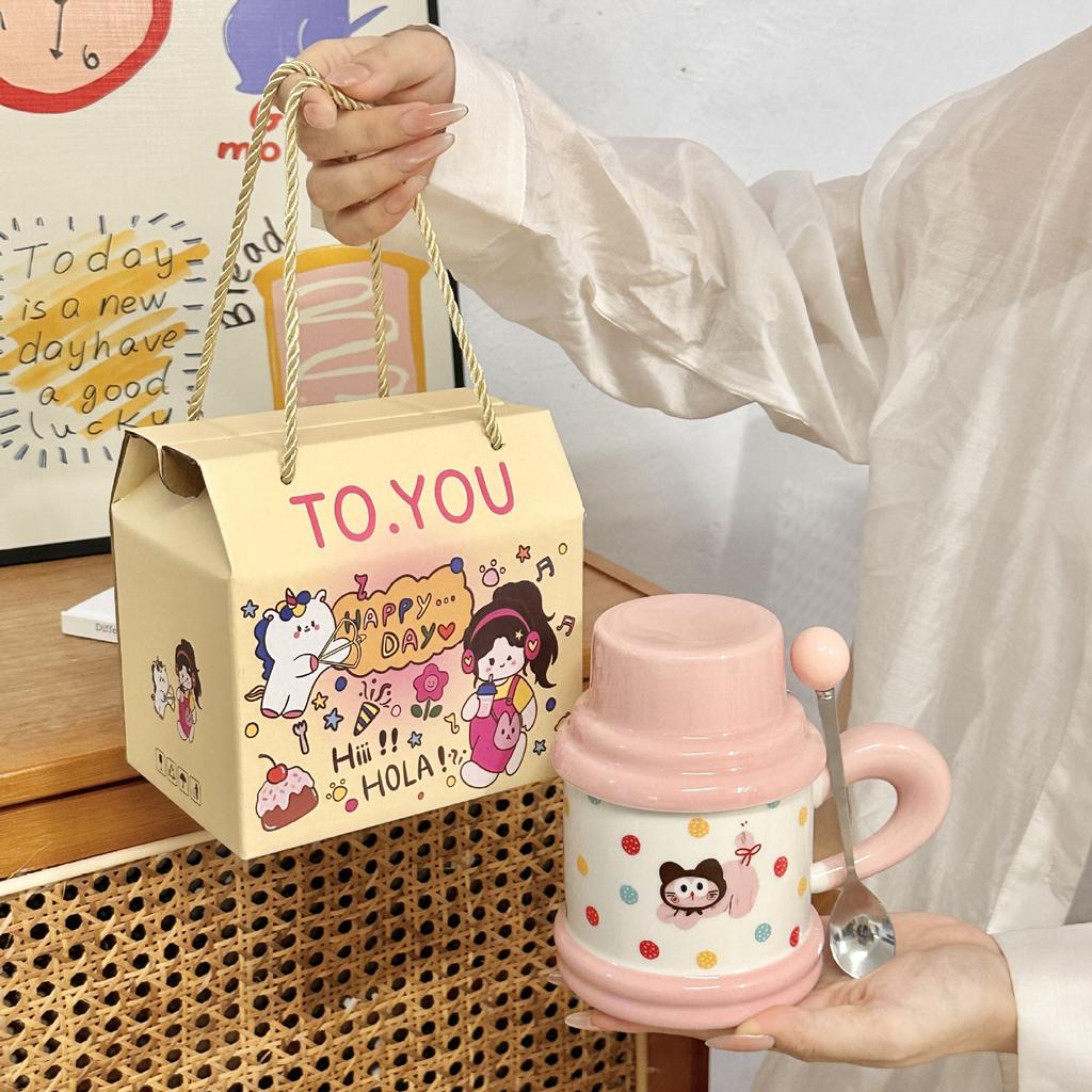 Cute Polka Doll Puppy Kettle Cup Ceramic Mug with Lid Spoon Couple Home Coffee Breakfast Cup Souvenir Gift