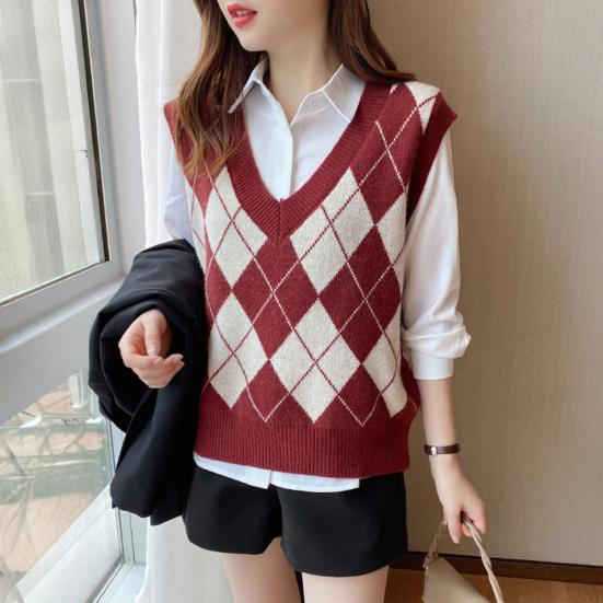 Женский вязаный жилет с ромбовидным узором, свободный, с V-образным вырезом, без рукавов, пуловер, майка, повседневный школьный свитер-топ