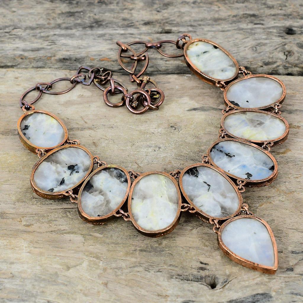 Ожерелье из радужного лунного камня Ожерелье из электроформованной меди Регулируемая цепочка Ожерелье Изысканное ожерелье из драгоценных камней Медные украшения ручной работы для подарка
