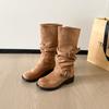 Корейские ботильоны на толстом каблуке средней высоты женские ботинки 2025 весна и осень новые пряжка ремня но выше колена плиссированные западные ботинки