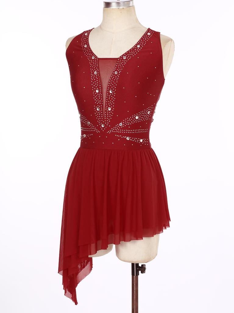 Женское блестящее платье для танцев без рукавов со стразами, дизайн с перекрещенной спиной, асимметричный подол, костюм для выступлений в фигурном катании