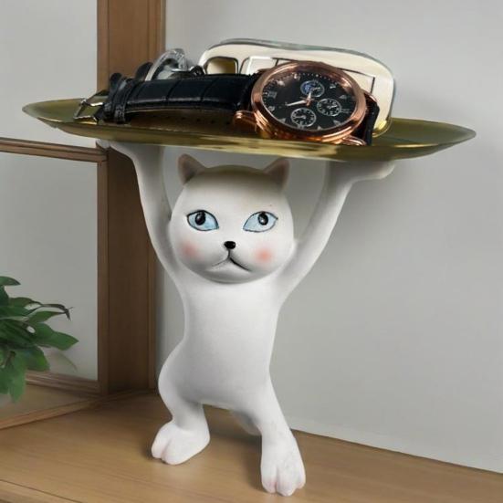 Cartoon Cat Key Storage Tray Resin Standing Cat Figurine Statue with Tray Multi-purpose Jewelry Trinket Holder Organizer Decoration