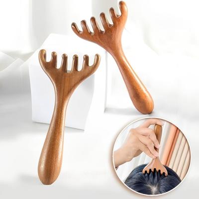 Шестизубый меридиональный массажный гребень с длинной ручкой, сандаловое дерево, массажер для кожи головы, оленьи рога, широкий зуб, массаж тела, скраб для тела Гуаша