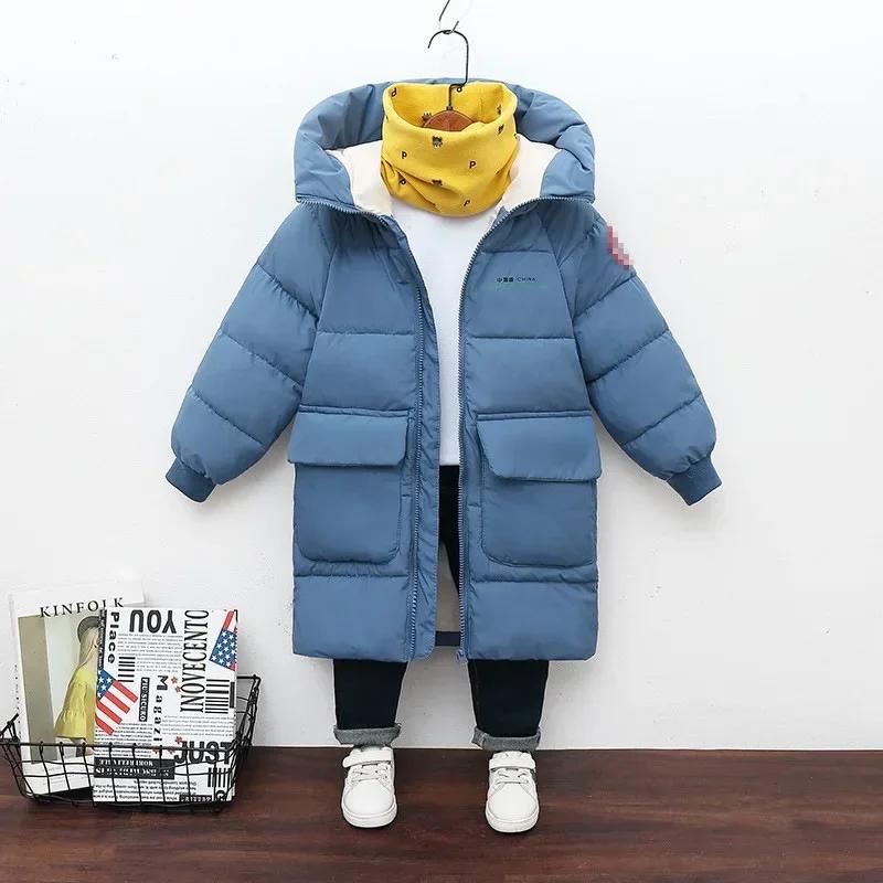 New Winter Boys Jacket Solid Color Mid-Length Keep Warm Cold Protection Hooded Down Cotton Windbreaker Coats For