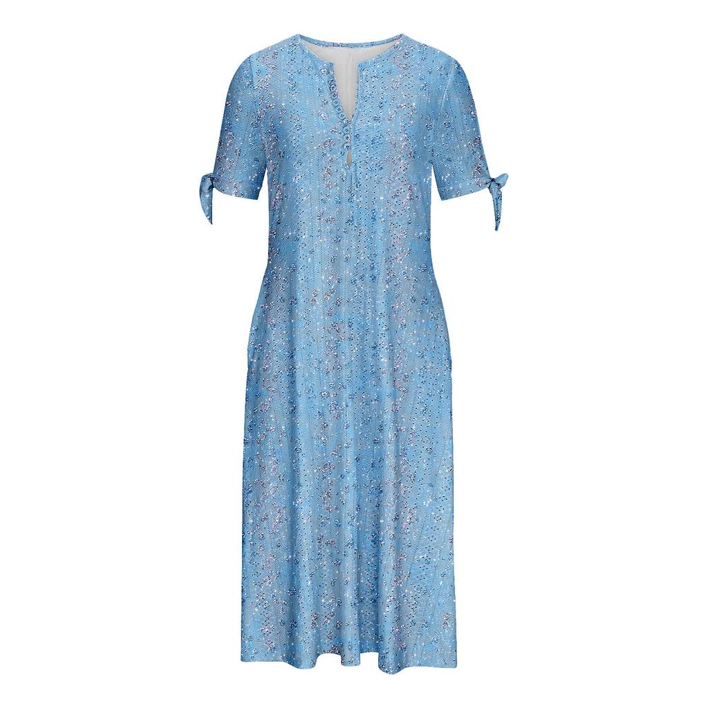 Women's Fashion Casual Bohemian Prints Round Neck Button Off Shoulder Short Sleeve Pocket Dress