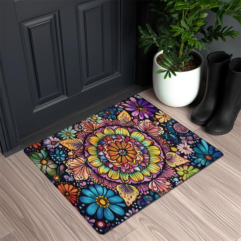 Flannel Thickness 0.47inch - 1pc Multicolor Mandala Door Mat, Black Base with Vibrant Symmetrical Pattern, Absorbent and Non-Sli