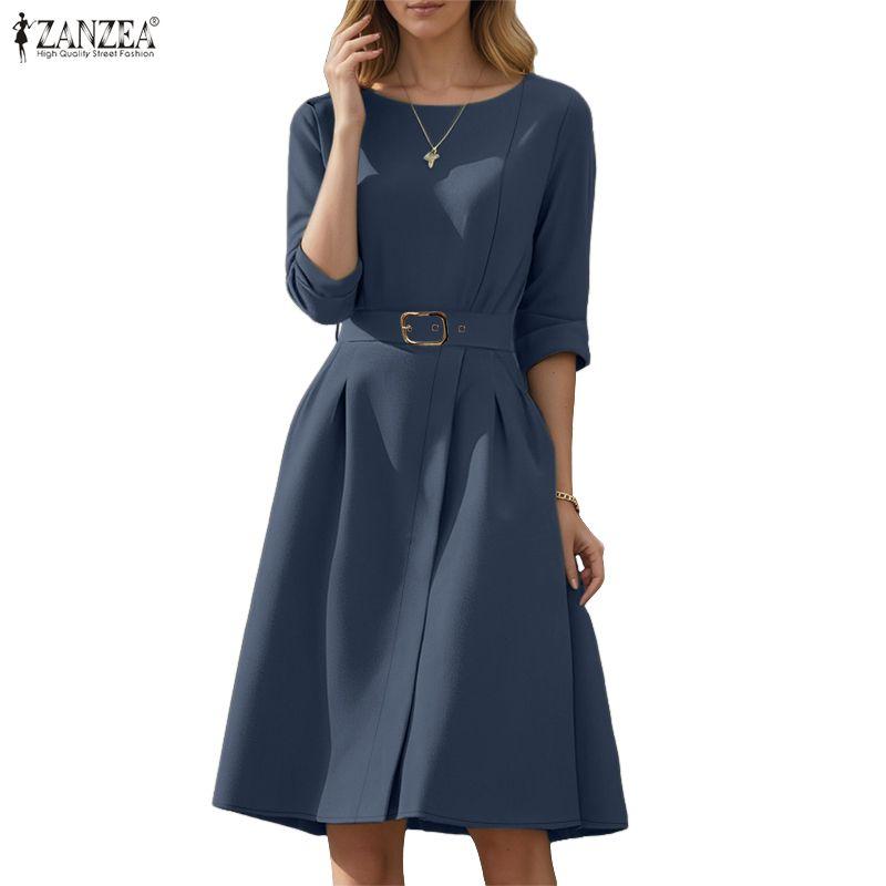 ZANZEA Women Casual Round Neck 3/4 Sleeve Loose Dress