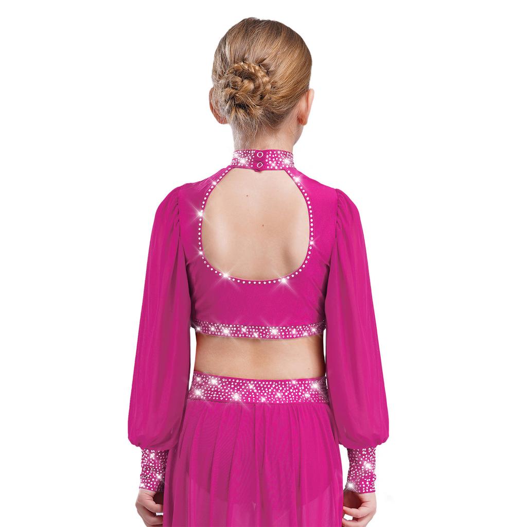 Девочки Сетчатый Танцевальный Топ с Длинным Рукавом, Воротником-стойкой, Вырезом на Спине и Стразами, Укороченный для Лирического Балета