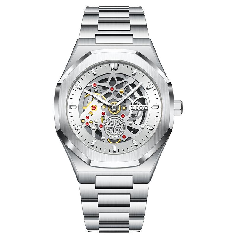 LIGE Skeleton Luxury Mens Watches Automatic Style Design Dial Quartz Wristwatches Waterproof Luminous Steel Strap Watch for Man