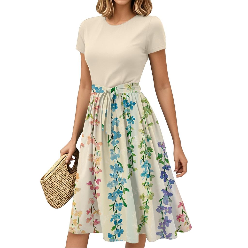 Женская мода Повседневный пояс С коротким рукавом Круглый вырез Геометрический принт Сплайсинг Элегантные платья с темпераментом