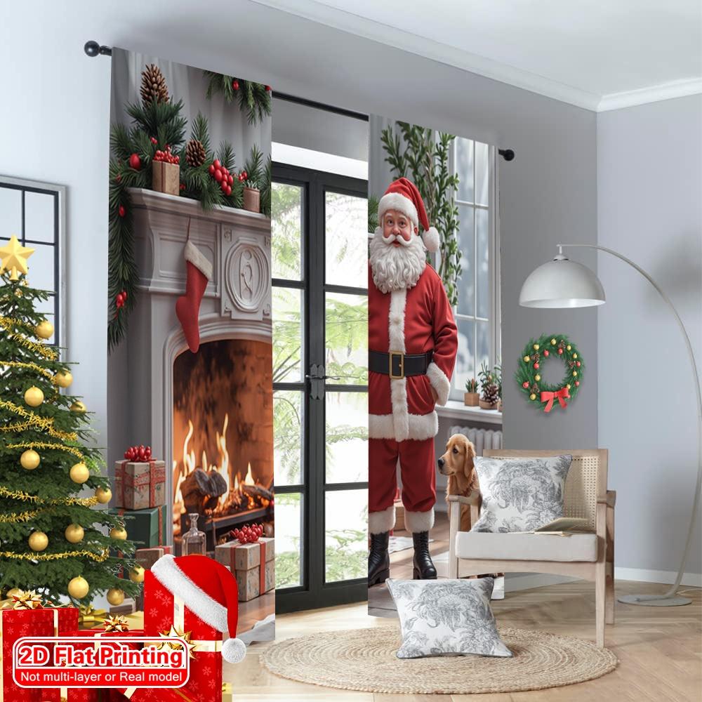 2pcs 2D Flat Printing Merry Christmas Popular Curtain Christmas Santa Cozy Fireplace Polyester Without Electricity Festive