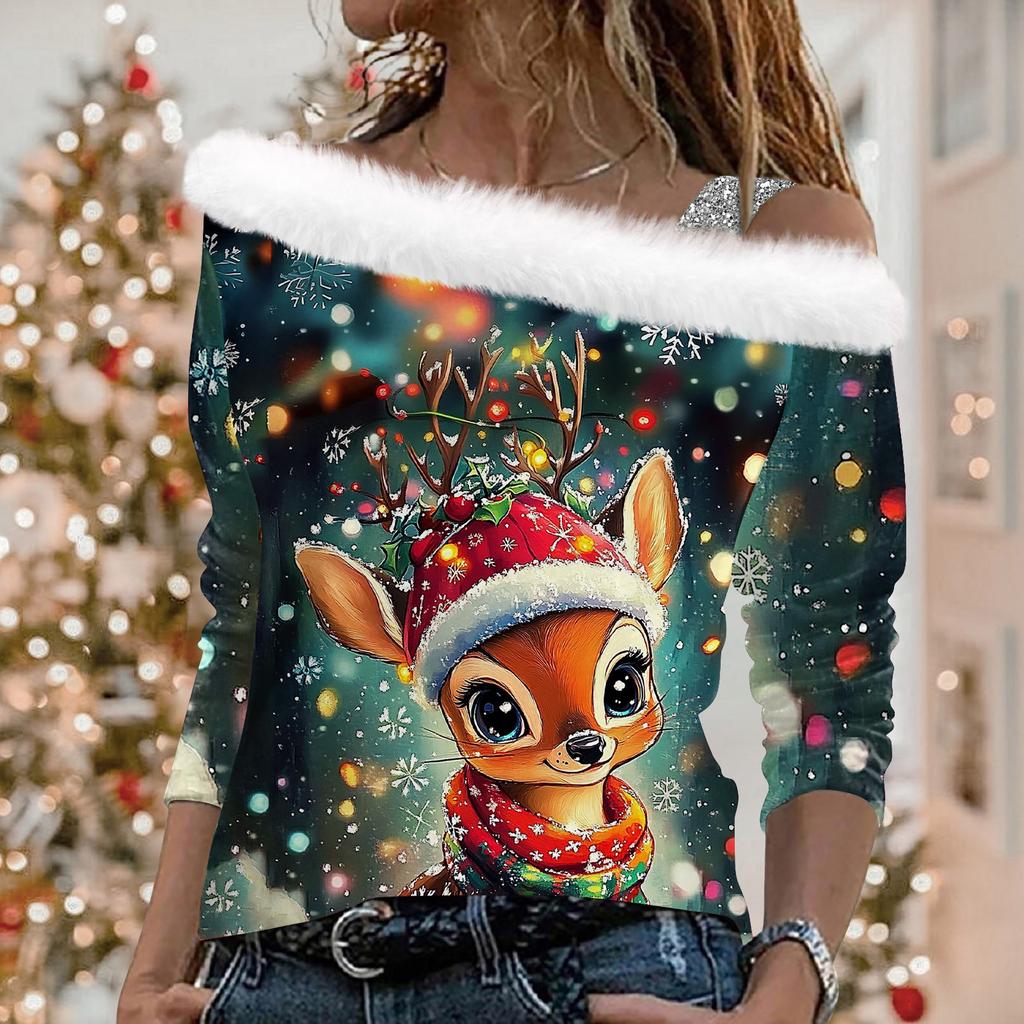 Женские топы с длинными рукавами. Модные женские свободные пуловеры с открытыми плечами с рождественским принтом.