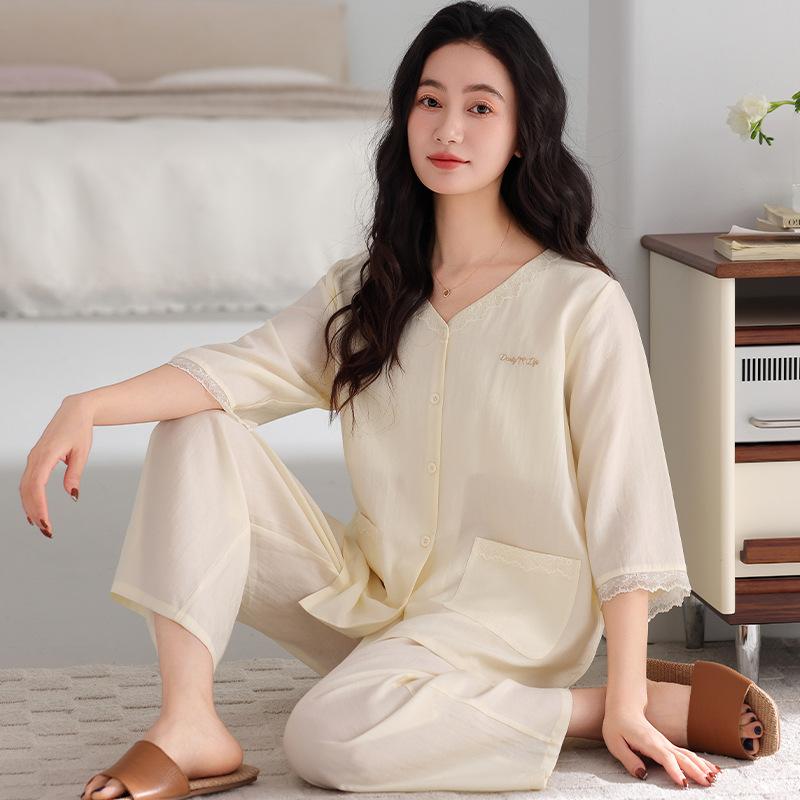 Women's spring and summer seven-quarter-sleeved pajamas with chest pads, Mom 1011 new Tencel Lyocell high-end loungewear