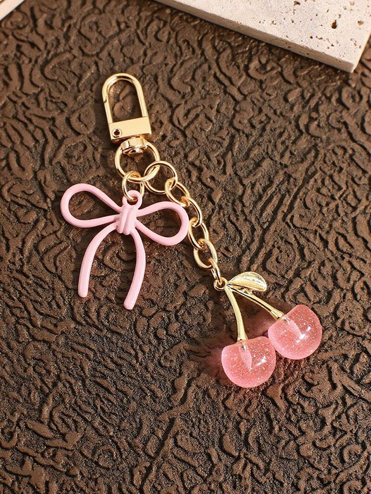 Fashionable Cute Pink Cherry Bow Exquisite Metal Lovers Bag Pendant Accessory Bag Charm