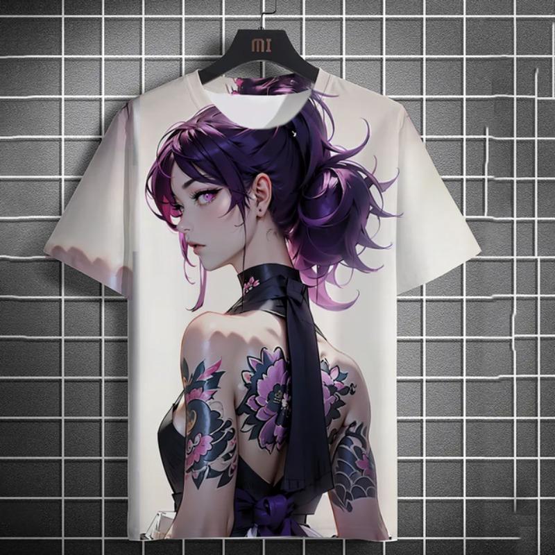 Men's T-shirt 3D Printed Anime Goddess Back Tattoo Print T-shirt Casual Loose Short Sleeved T-shirt Men's Home Clothing Top