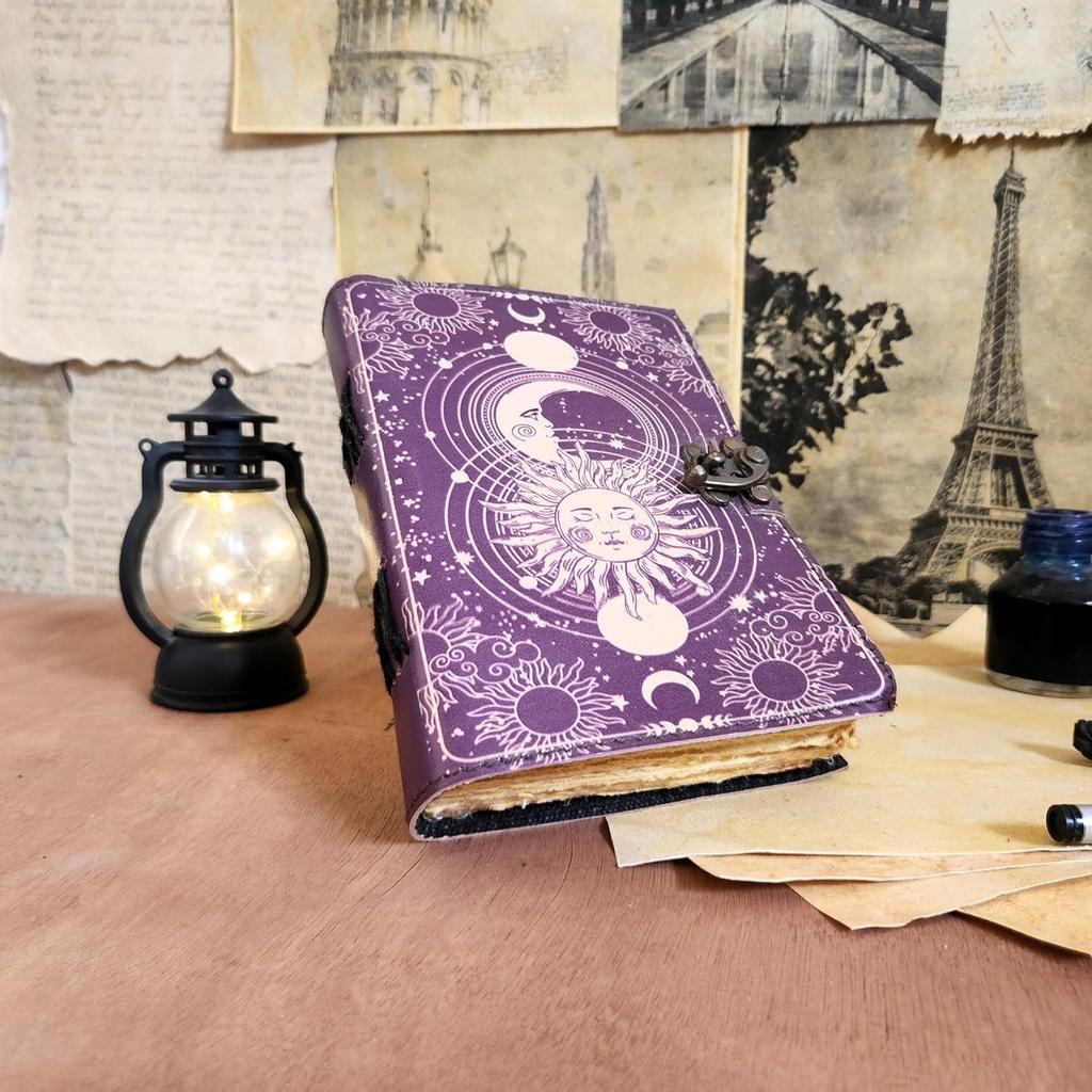Vintage Sun Moon Leather Journal Handmade 200 Deckle Edge Pages C-Lock