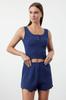 Women's Style Pajama Set Indigo Button Detailed Corded Cotton Undershirt-Shorts Knitted Pajama Set