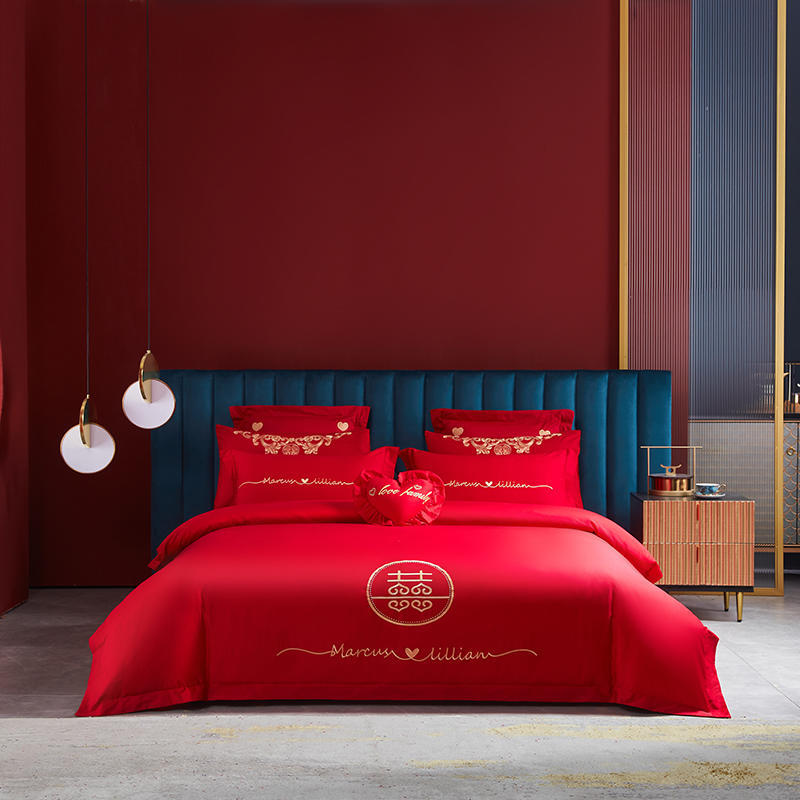 Комплект из четырех предметов с свадебной вышивкой, красное свадебное одеяло, постельное белье, свадебное пододеяльник, простыни, постельное белье для молодоженов, комплект из шести предметов для свадебной кровати