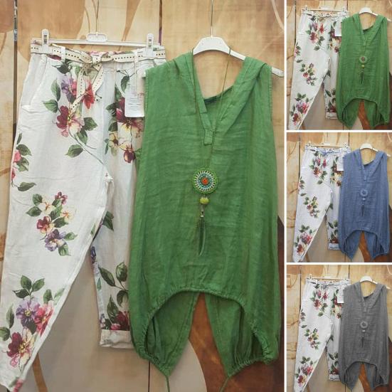 2 Pcs/Set Women Tops Pants Set Solid Color Top Deep V Neck Casual Sleeveless Floral Pattern Women Blouse Trousers Set Daily Clothes