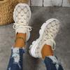Fashion Women's Mesh Knitting Flat Shoes Lace-up Round Toe Breathable Sneakers Women Autumn Soft Sole Footwear Woman Wedge Sport Shoes