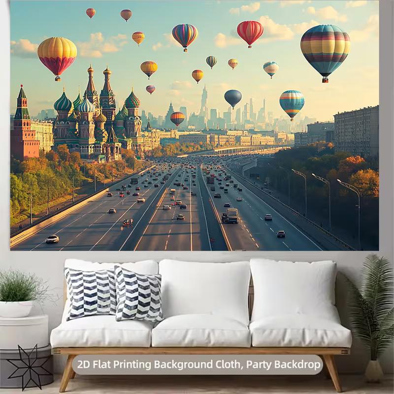 2D Фон Европейского Города Собор в Москве с Цветными Воздушными Шарами Фотофон для Вечеринки