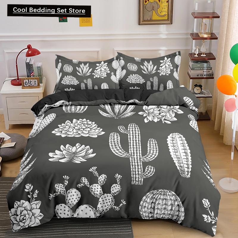 Пододеяльник Cactus King Queen Набор постельного белья с суккулентами для детей, подростков, взрослых Зеленый Ботанический с цветами 2/3 предмета Полиэстеровый пододеяльник