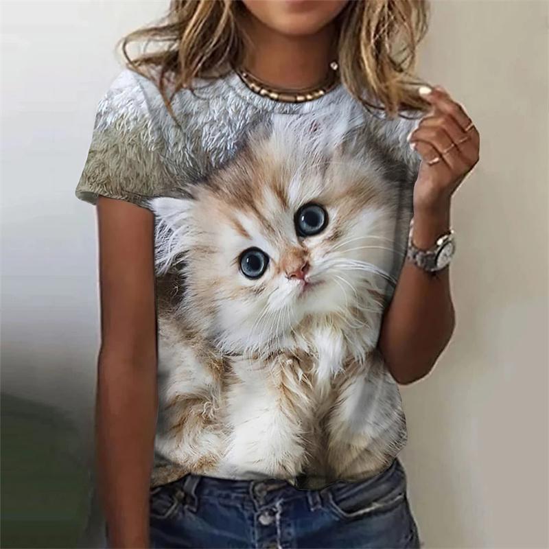 Женские футболки с забавным принтом 3D Kawaii Cat Футболки с модным круглым вырезом и коротким рукавом Топы свободного покроя Женская одежда Y2k Милая одежда