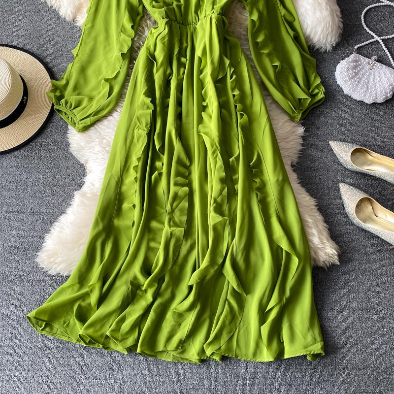 RUGOD 2025 Весна Новое Темпераментное Платье Грибок Женское Платье с Высокой Талией, Длинным Рукавом, V-образным Вырезом, Шифоновое Французское Платье