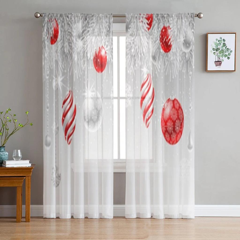 Рождественские сосновые иголки, снежинки, деревянная тюль-занавеска для гостиной, спальни, Рождественский декор, оконная вуаль, тюлевая занавеска