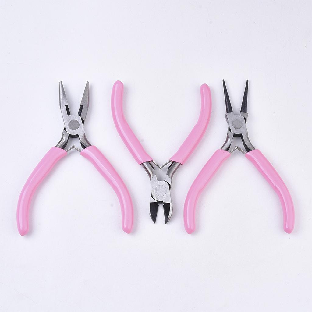 3Pcs Pliers Set Pink Handle Carbon Steel Round Nose Pliers Shear Pliers Side Cutting Pliers DIY Jewelry Making Tools