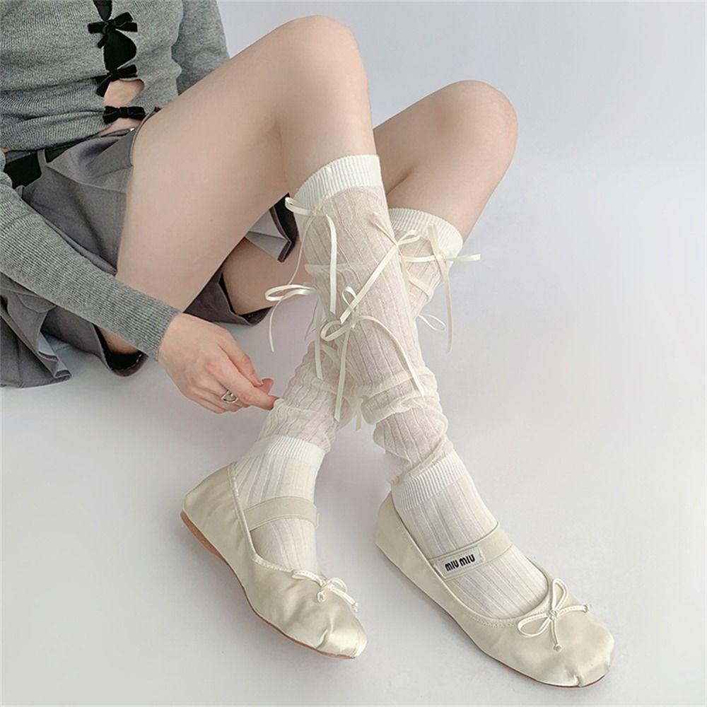 1 Pair Ballet Style JK Stockings Bandage Bowknot Thigh Stockings Knee High Socks for Women Girls