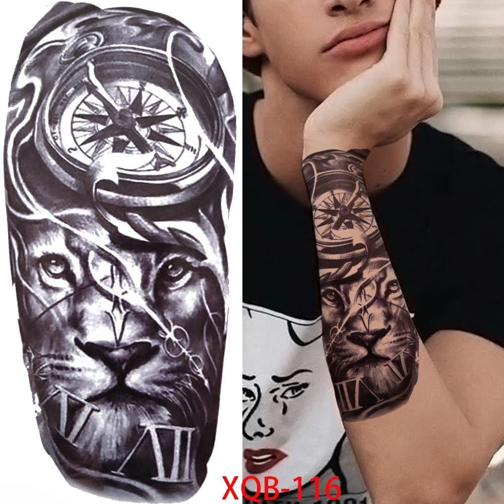 1 PC 210*114MM Cat Geometry Black Temporary Tattoos For Men Women Black Forest Skull Tiger Wolf Tattoo Sticker Evil Devil Arm Tattoo