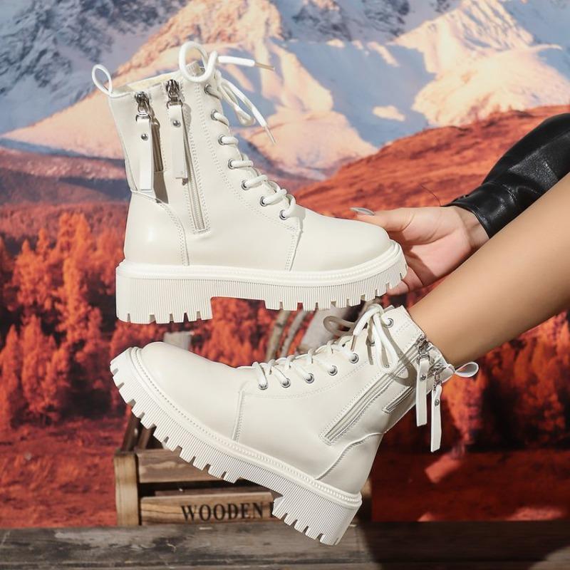 Модные женские ботинки Толстые теплые длинные плюшевые ботильоны Женские зимние ботинки на шнуровке Кожаные мотоциклетные ботинки Большого размера Удобная обувь Женская