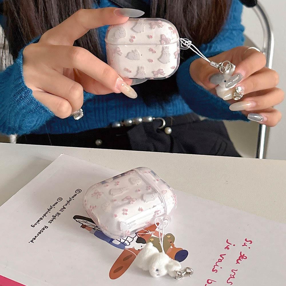 Прозрачный чехол с узором из кроликов и бантом для AirPods1/2 AirPods3 Airpods4 ANC AirPods Pro Pro2 с мягкими чехлами-кроликами