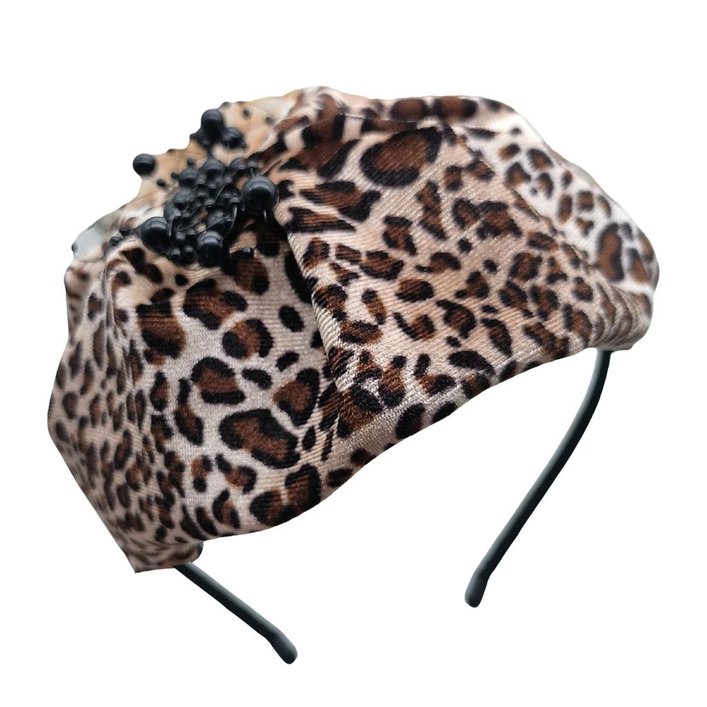 Bowknot Hairhoop Half Caps for Women Elegant Leopard Pattern Headband Nonslip Sweet Fascinator Hairband for Formal Dress