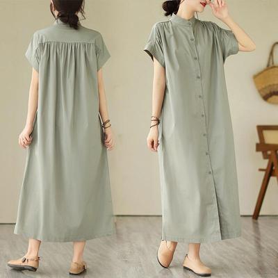 Летнее хлопковое платье больших размеров 2025 с воротником-стойкой и короткими рукавами - Свободный, повседневный и стройнящий крой для женщин