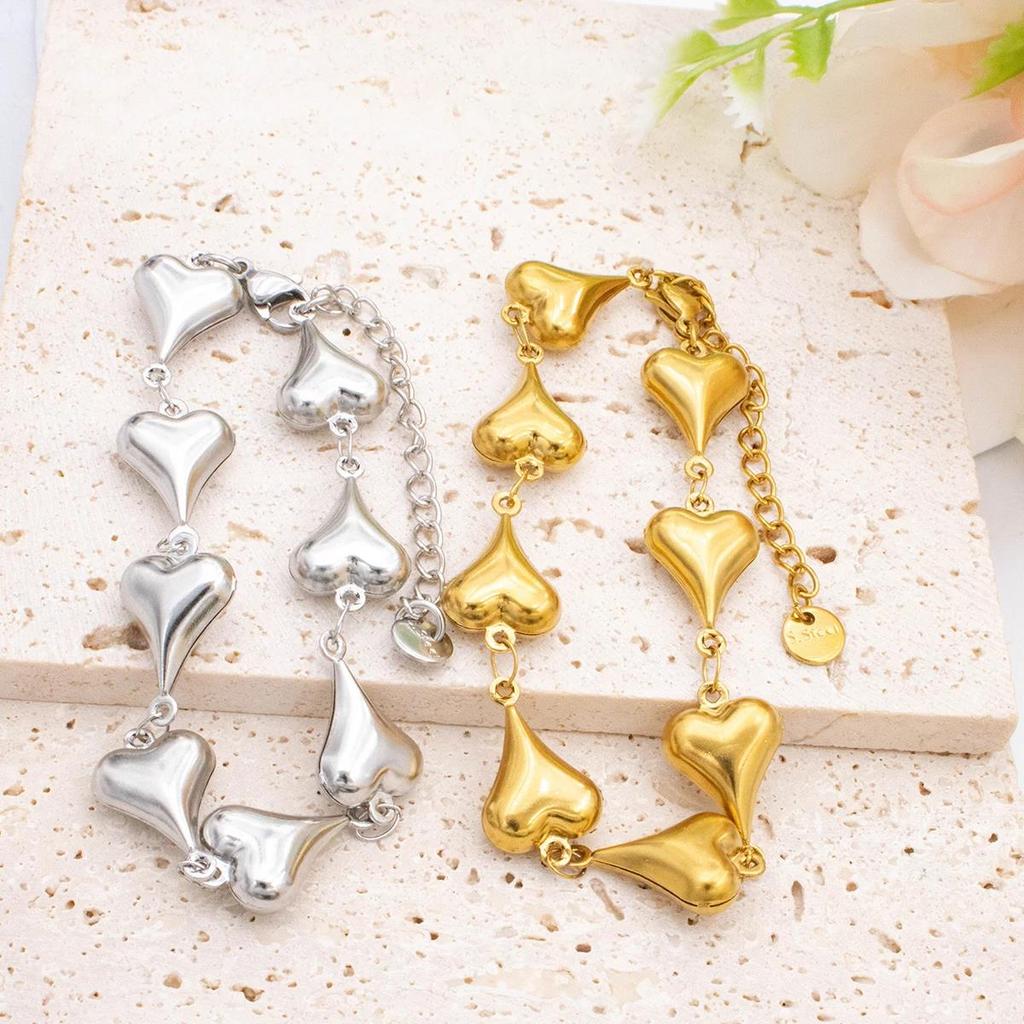2025 New Gold Color Stainless Steel Heart Bracelet for Women - Cute Adjustable Jewelry Hypoallergenic Gift for Girls