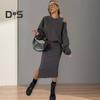 2 шт./комплект, женское платье-свитшот, круглый вырез, длинный рукав «летучая мышь», свободный топ, облегающее платье миди с разрезом, повседневный наряд для поездок на работу, плотный, осень-зима