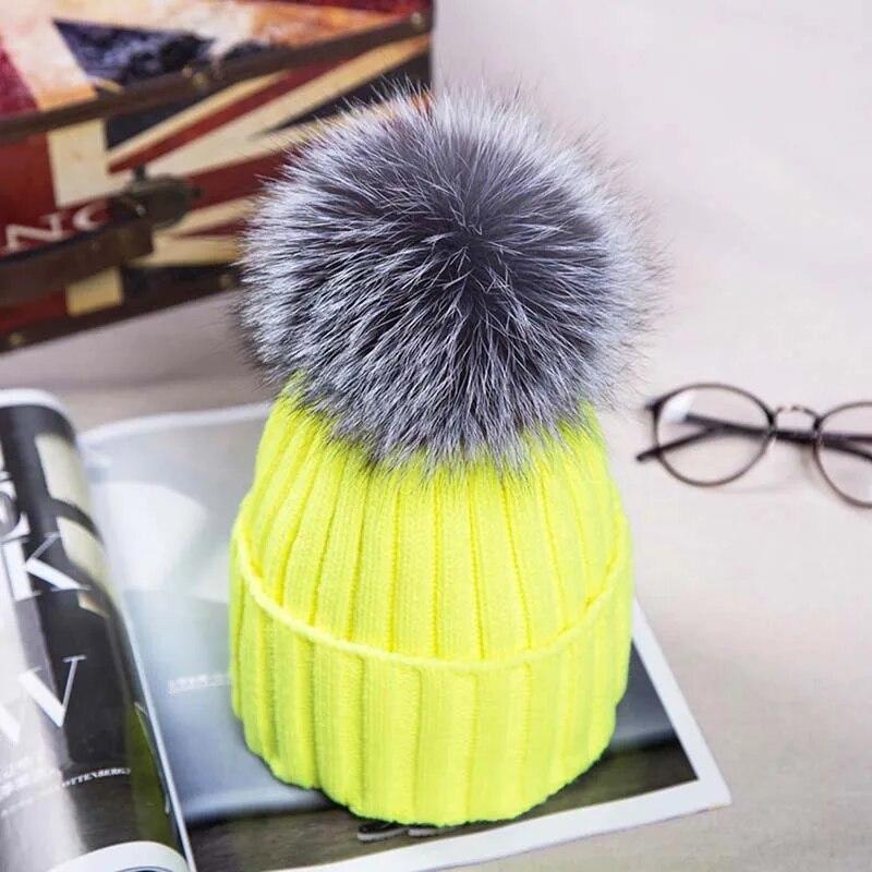Winter Knitted Hats with Faux Fox Fur Ball Tops Women Pom Pom Beanies Warm Cap Casual Women's Fur Hat Fashion