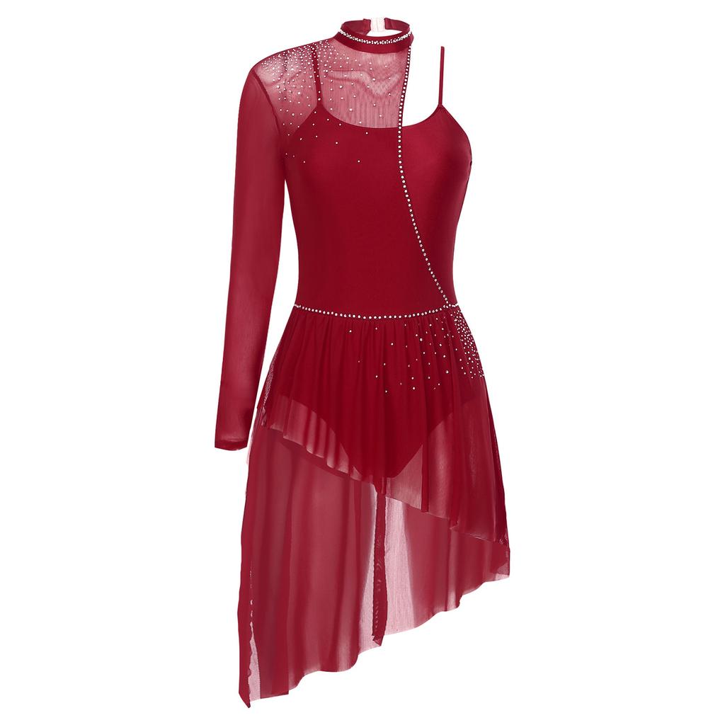 Womens Asymmetrical Lyrical Dancewear Long Sleeve Spaghetti Straps Patchwork Irregular Hem Dresses