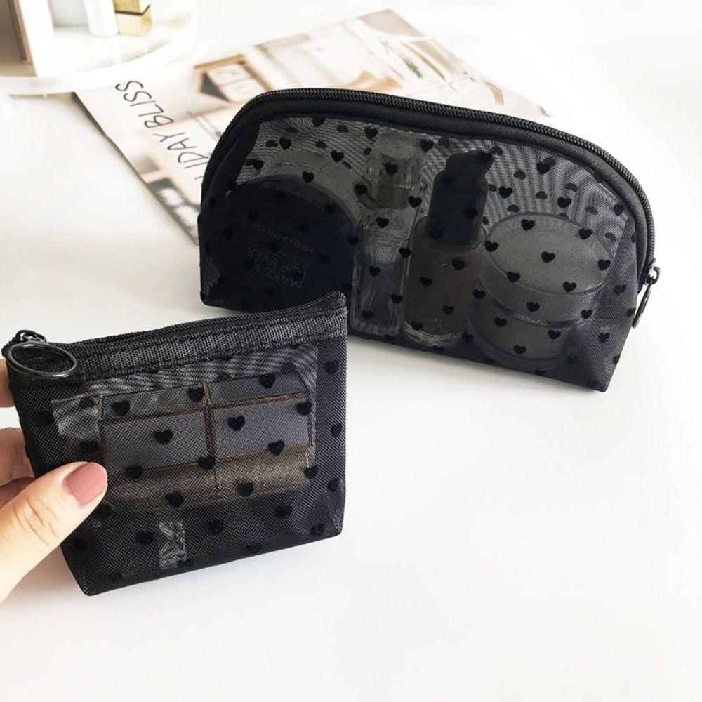 Wave Point Transparent Cosmetic Bag Large Capacity Love Heart Mesh Makeup Bag Cute Travel
