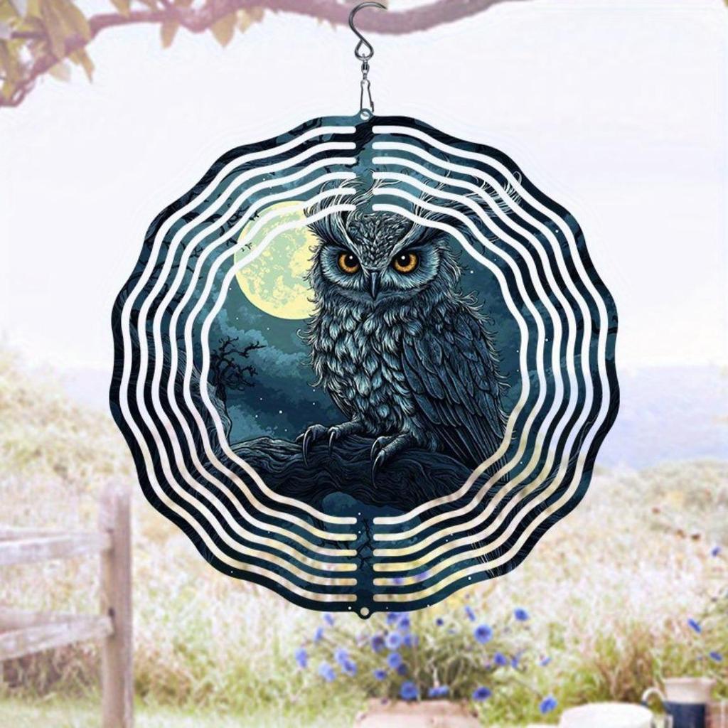 Enchanting Owl on Branch 2D Metal Wind Spinner for Garden Patio Decor Rotating Outdoor Art with 360 Hook Durable Reflective Thanksgiving