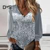 Fall Spring Women Top Shiny Sequin V Neck Long Sleeve Patchwork Loose Pullover Soft Breathable Mid Length Lady Commute Shirt Blouse