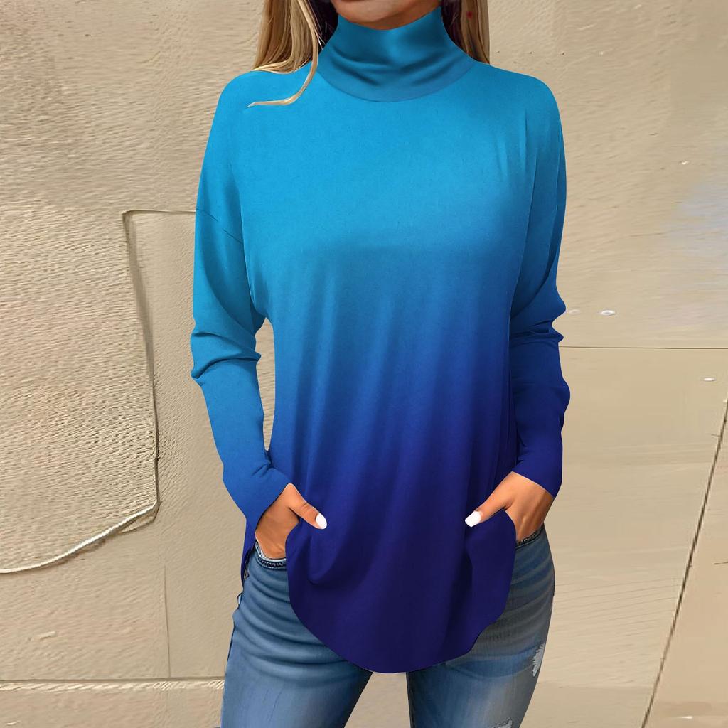 Футболки для женщин, осенние повседневные рубашки с длинными рукавами, толстовка с винтажным принтом, топ с высоким воротом, пуловер