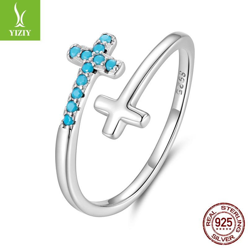Turquoise Cross Open Ring, Classic Design S925 Sterling Silver Ring Jewelry
