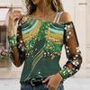 Plus Size Women Diagonal Shoulder Long Sleeve Top Green Tone Abstract Swirl Print Mesh Lace Splicing Blouse