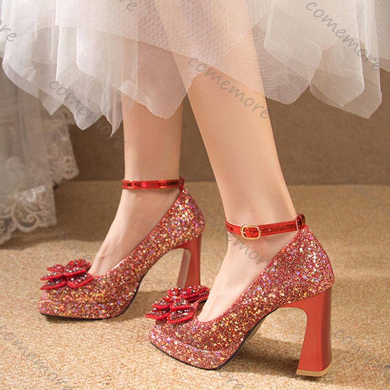 Comemore Women Pumps Rhinestone Mary Jane Women's Shoes Thick Bottom Ankle Buckle Wedding Bridal Chunky High Heels Single Shoes